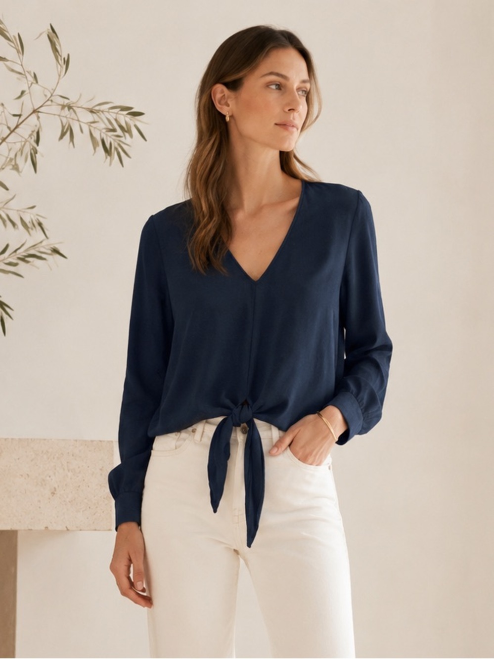 Jenni Kayne Italian Crepe Tie Front Blouse Navy XS